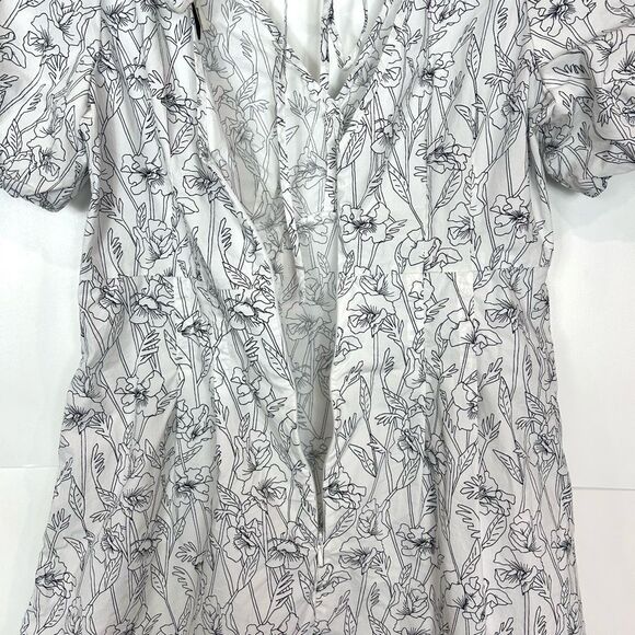Club Monaco Mini Dress Size 6 White Black Line Floral Print Double V Puff Sleeve - Picture 10 of 16